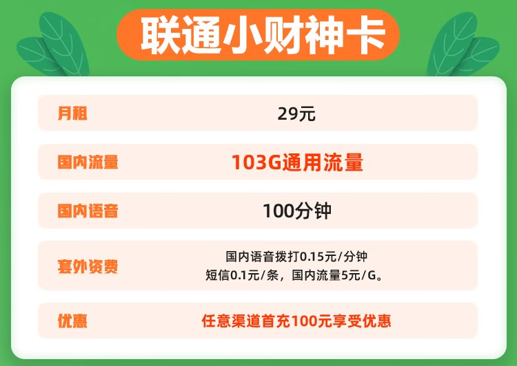 中國聯(lián)通校園卡 聯(lián)通小財(cái)神卡29元103G通用流量+100分鐘 全國通用高速流量不限速