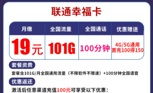 一款流量多月租低的流量卡套餐有沒(méi)有？【聯(lián)通幸福卡】月租低至19元101G全國(guó)通用流量享超值優(yōu)惠
